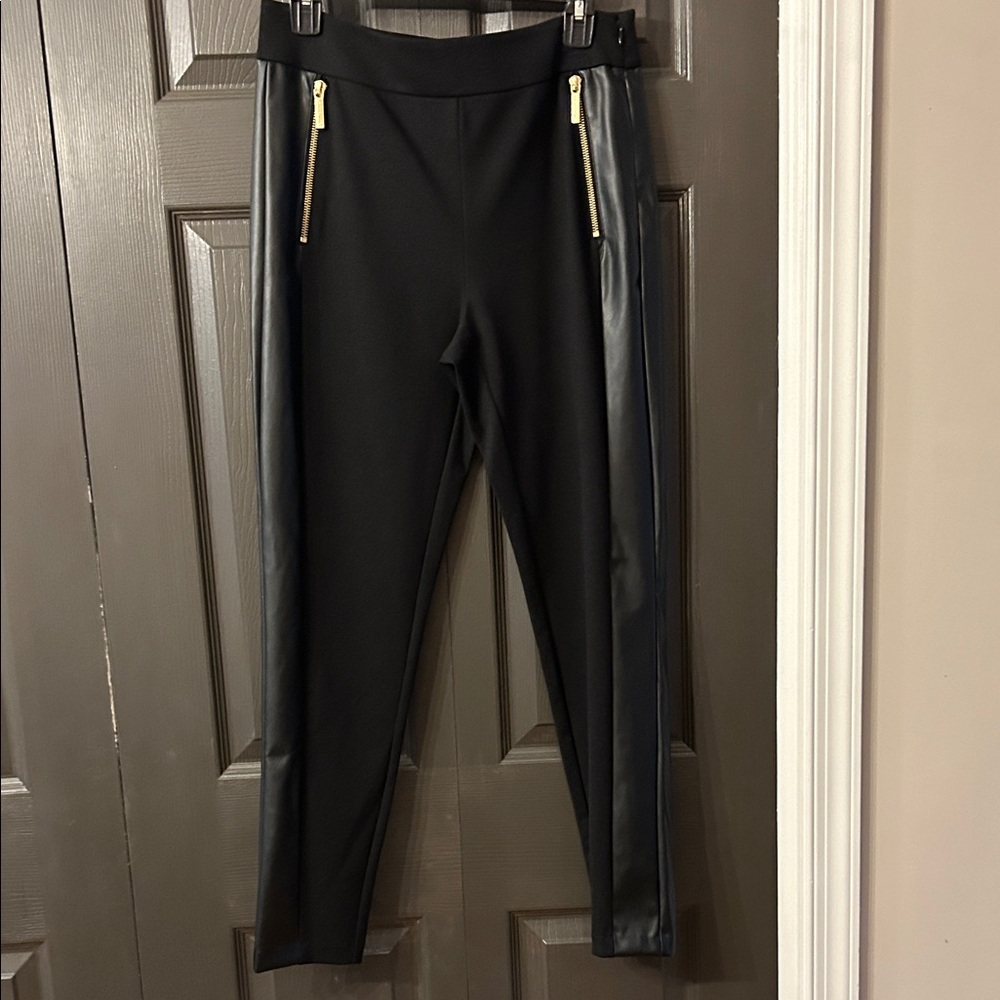 Michael Kors Black Ankle Pants with Faux Leather Detail